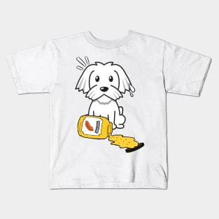 Funny white dog spills a jar of mustard Kids T-Shirt